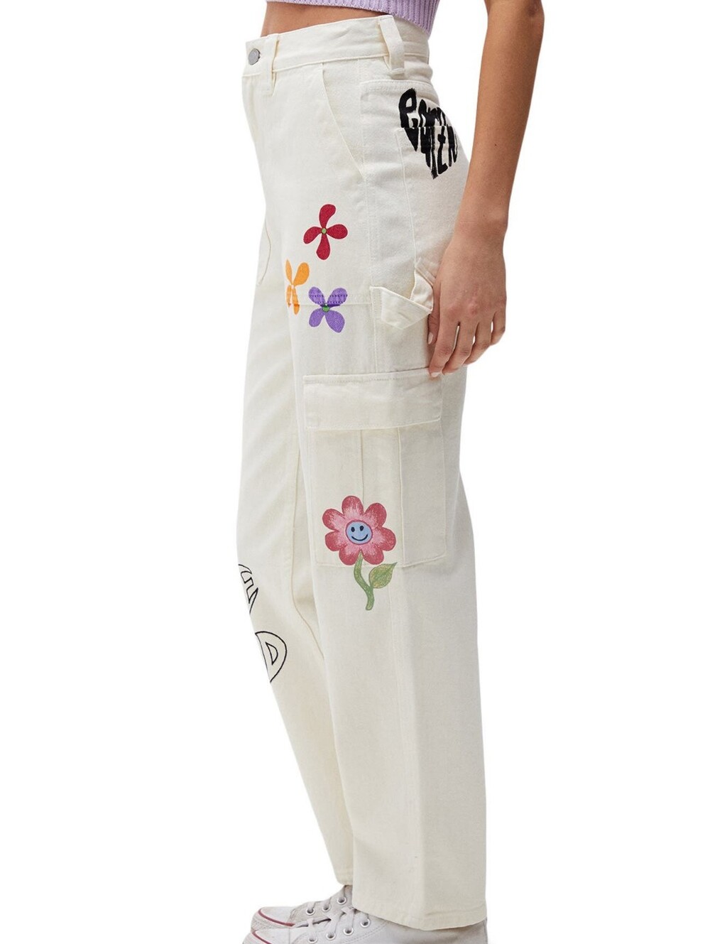PacSun Cream Wide-Leg Cargo Pants with Colorful Floral Prints
